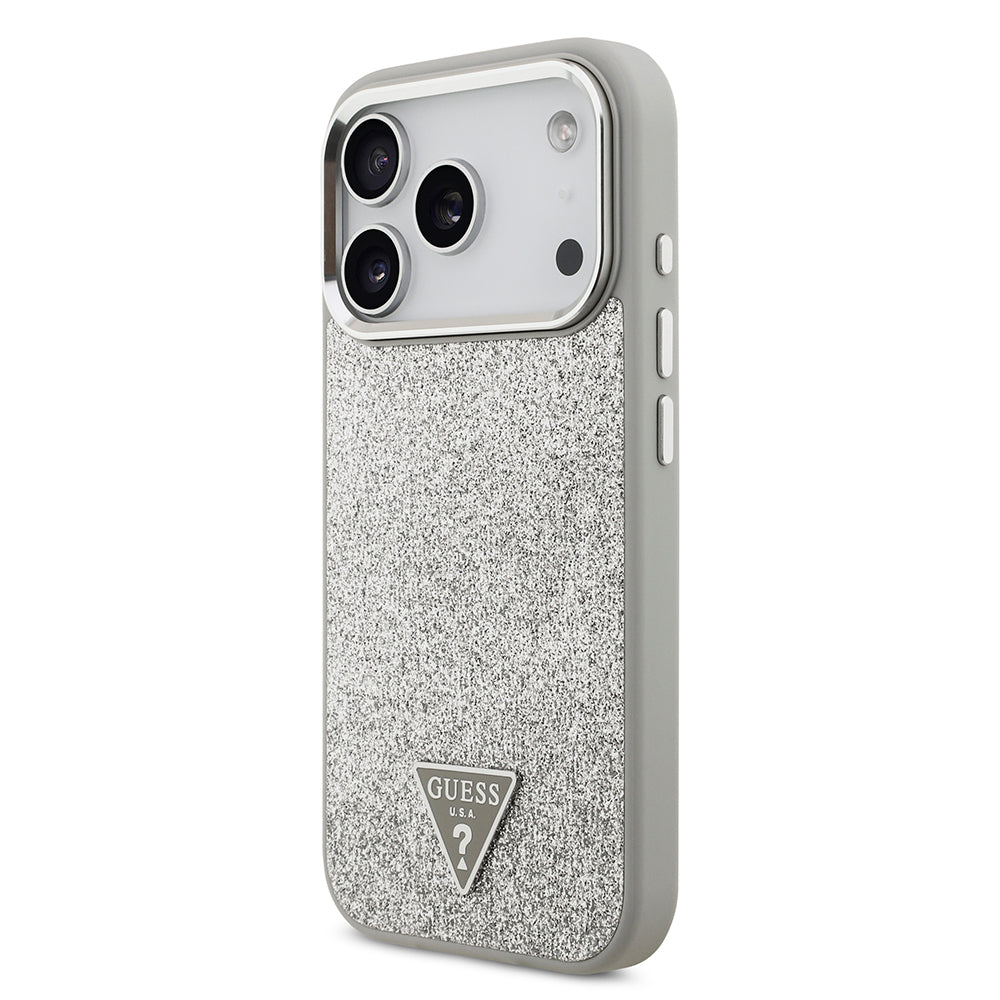 Apple iPhone 17 Pro Kılıf Guess Orjinal Lisanslı M-safe Şarj Özellikli Metal Kamera Çerçeveli Üçgen Logolu Glitter Kapak Gri