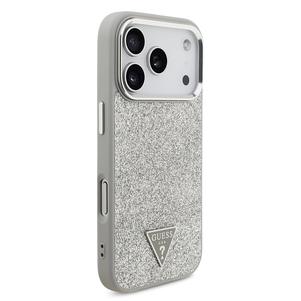 Apple iPhone 17 Pro Kılıf Guess Orjinal Lisanslı M-safe Şarj Özellikli Metal Kamera Çerçeveli Üçgen Logolu Glitter Kapak Gri
