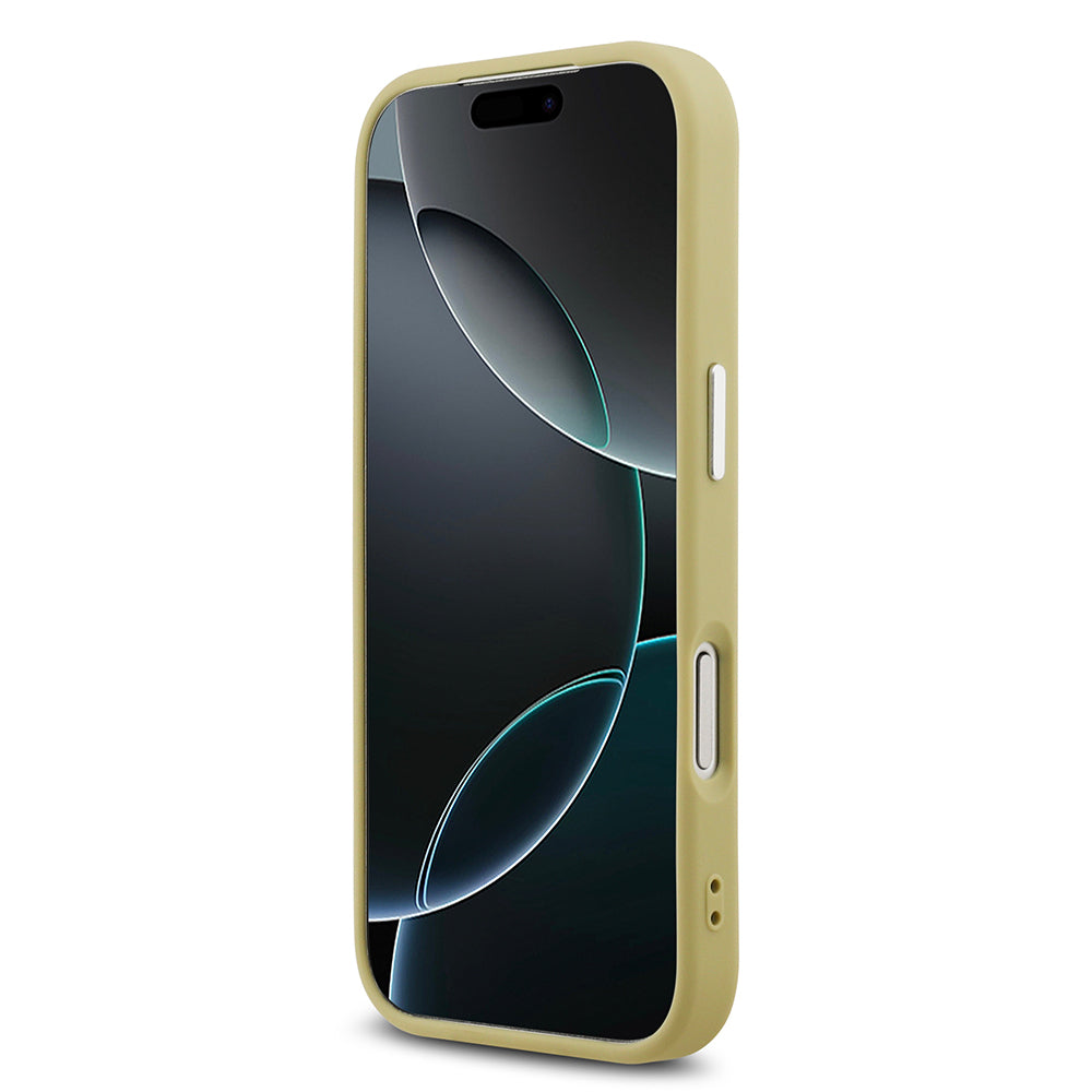Apple iPhone 17 Pro Kılıf Guess Orjinal Lisanslı M-safe Şarj Özellikli Metal Kamera Çerçeveli Üçgen Logolu Glitter Kapak Gold