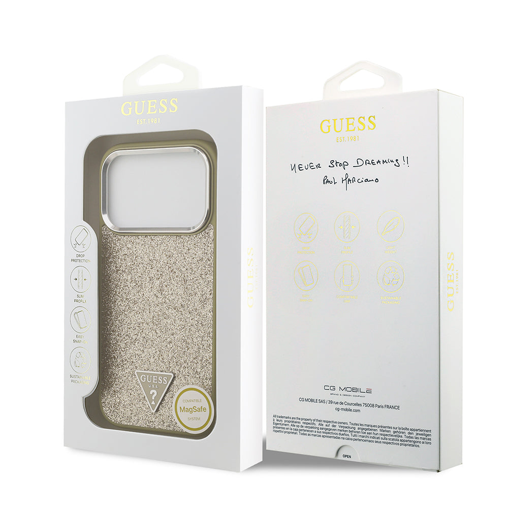 Apple iPhone 17 Pro Kılıf Guess Orjinal Lisanslı M-safe Şarj Özellikli Metal Kamera Çerçeveli Üçgen Logolu Glitter Kapak Gold
