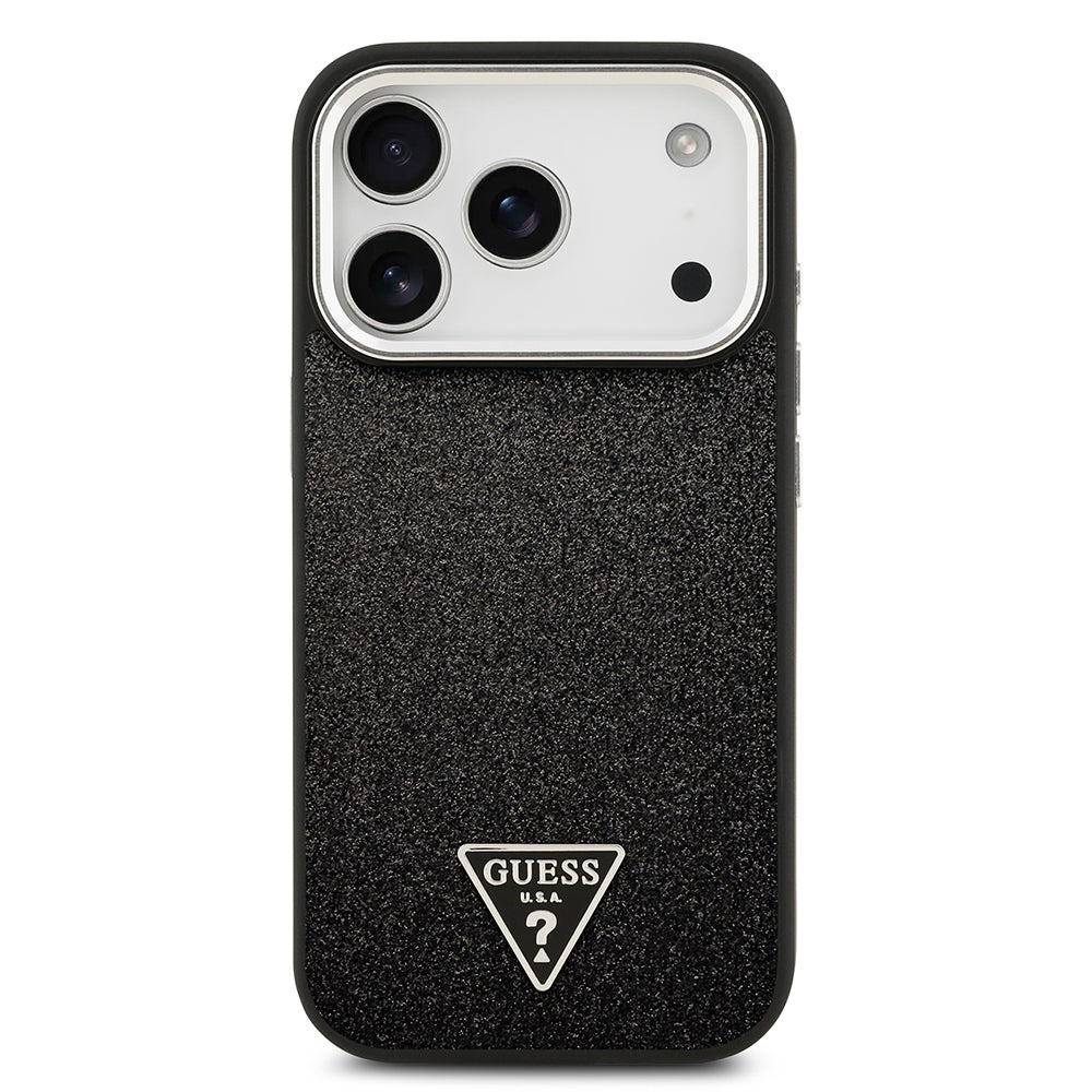 Apple iPhone 17 Pro Kılıf Guess Orjinal Lisanslı M-safe Şarj Özellikli Metal Kamera Çerçeveli Üçgen Logolu Glitter Kapak Siyah