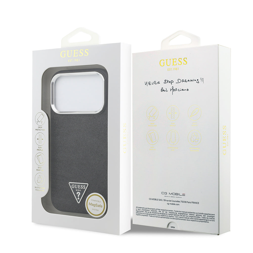 Apple iPhone 17 Pro Kılıf Guess Orjinal Lisanslı M-safe Şarj Özellikli Metal Kamera Çerçeveli Üçgen Logolu Glitter Kapak Siyah