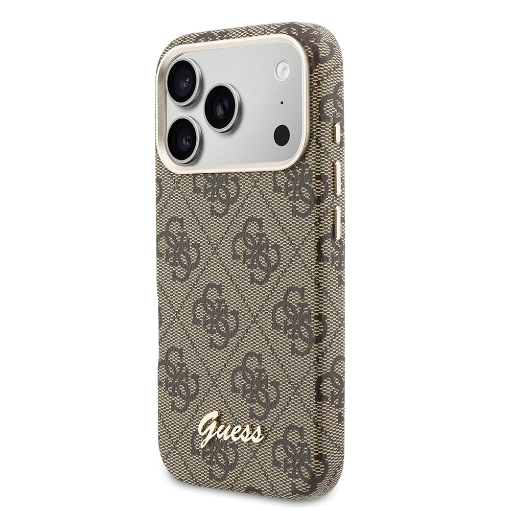 Apple iPhone 17 Pro Kılıf Guess Orjinal Lisanslı M-safe Şarj Özellikli Script Yazı Logolu 4G Desenli Kapak Kahverengi