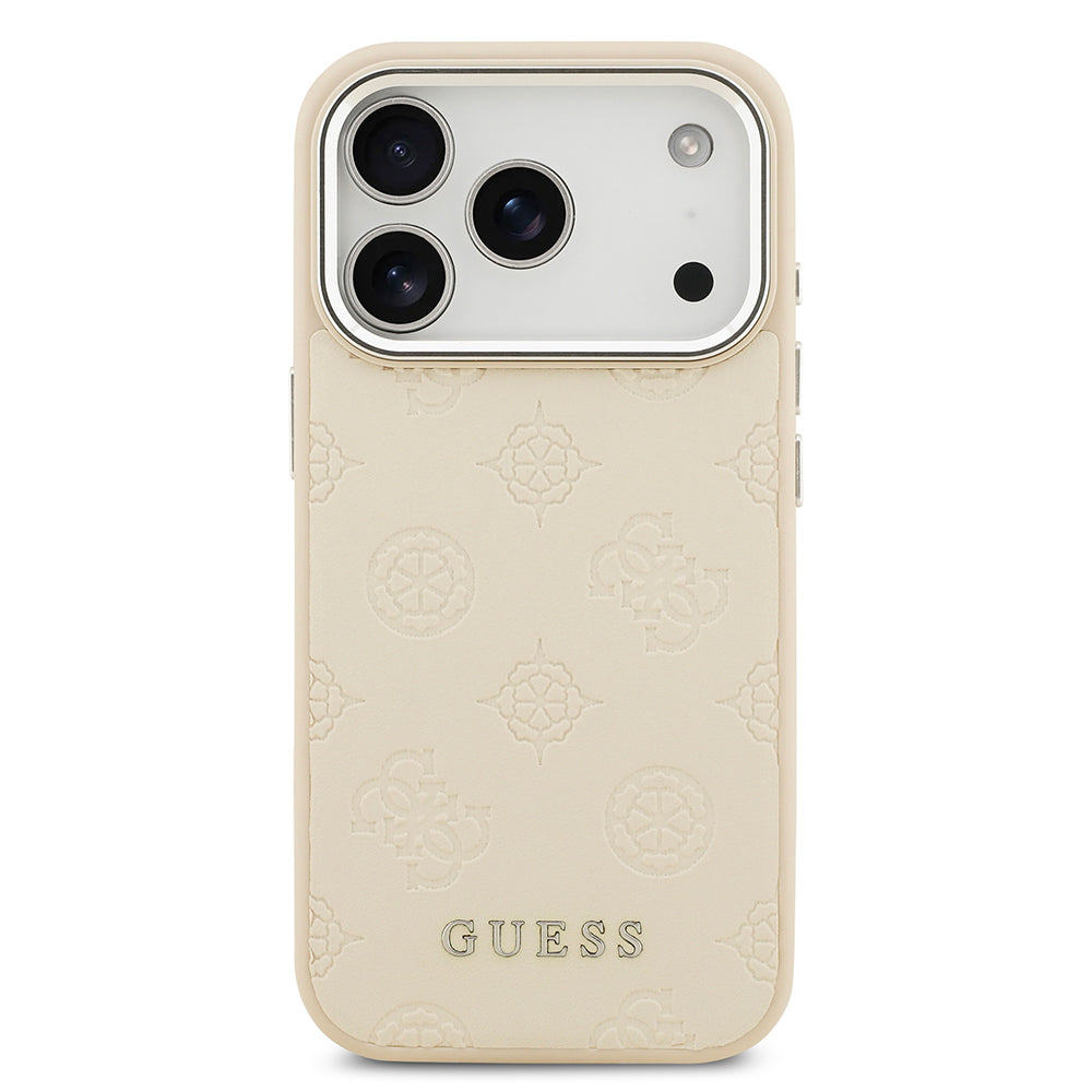 Apple iPhone 17 Pro Kılıf Guess Orjinal Lisanslı M-safe Şarj Özellikli Sıcak Baskılı Klasik Yazı Logolu PU Deri Peony Kapak Bej