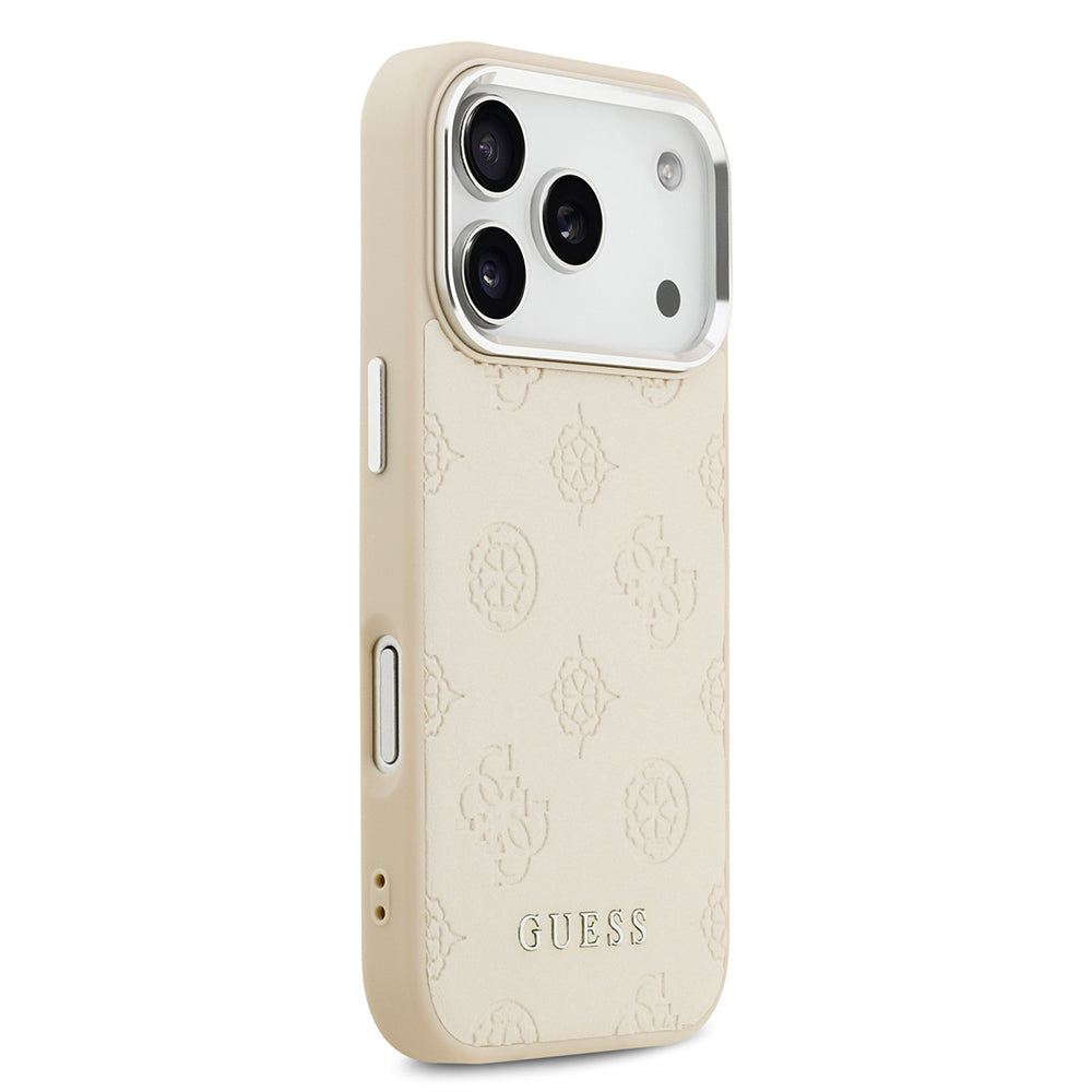 Apple iPhone 17 Pro Kılıf Guess Orjinal Lisanslı M-safe Şarj Özellikli Sıcak Baskılı Klasik Yazı Logolu PU Deri Peony Kapak Bej