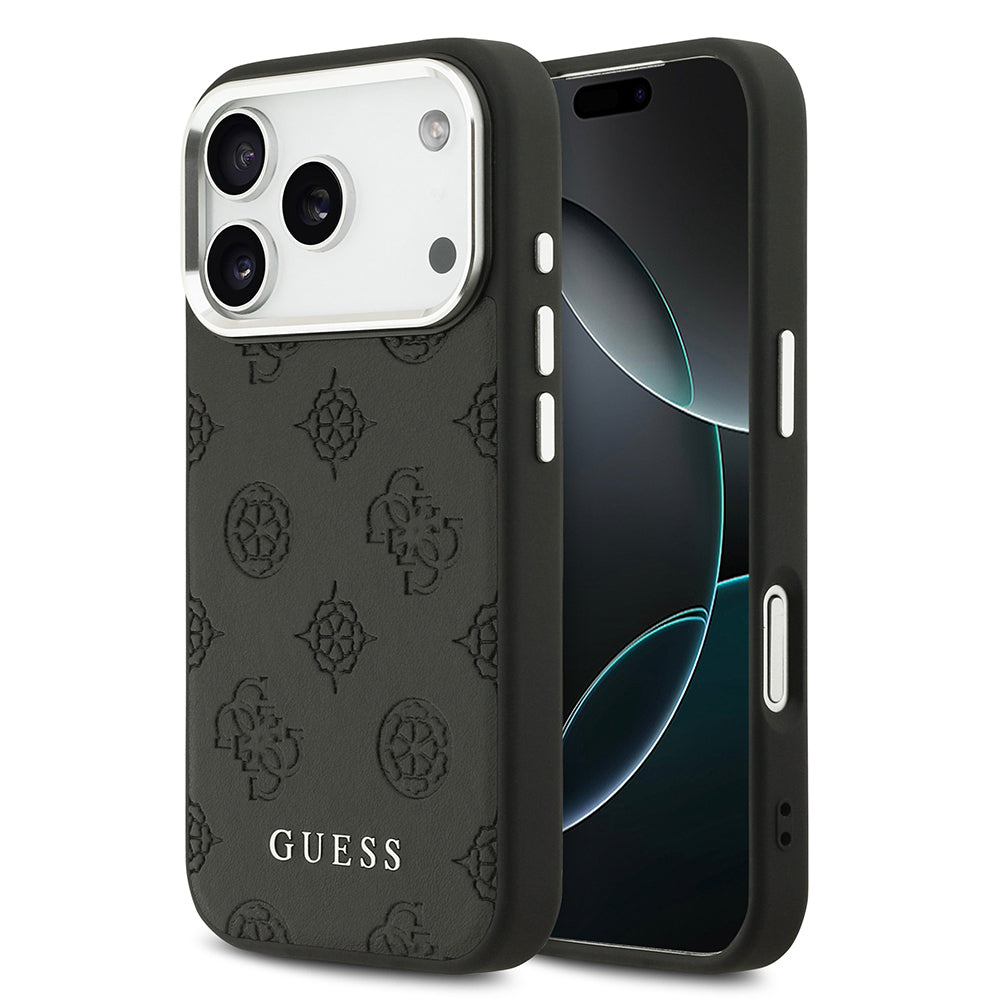 Apple iPhone 17 Pro Kılıf Guess Orjinal Lisanslı M-safe Şarj Özellikli Sıcak Baskılı Klasik Yazı Logolu PU Deri Peony Kapak Siyah