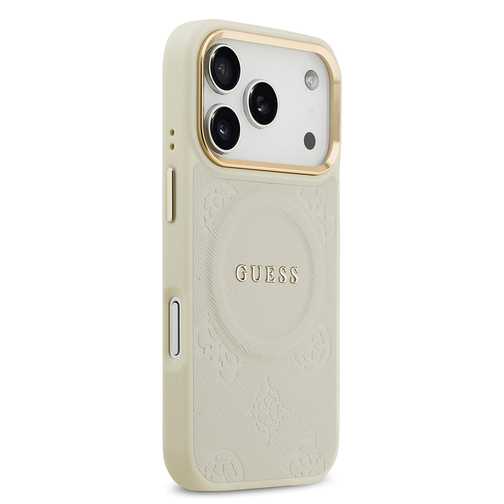 Apple iPhone 17 Pro Kılıf Guess Orjinal Lisanslı M-safe Şarj Özellikli Sıcak Baskılı Yazı Logolu PU Deri Peony Kapak Bej