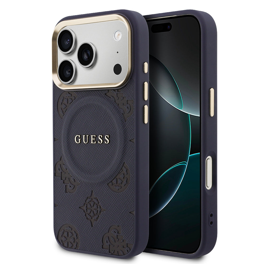 Apple iPhone 17 Pro Kılıf Guess Orjinal Lisanslı M-safe Şarj Özellikli Sıcak Baskılı Yazı Logolu PU Deri Peony Kapak Lacivert