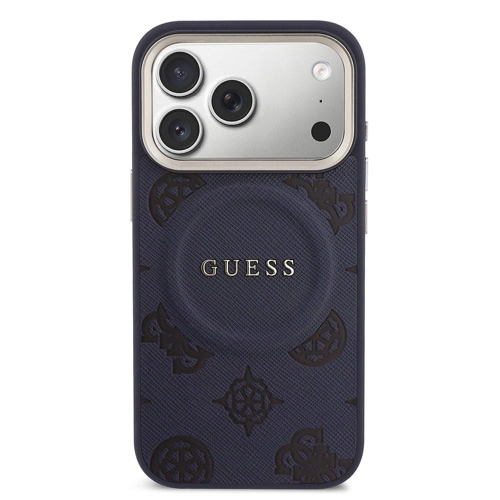 Apple iPhone 17 Pro Kılıf Guess Orjinal Lisanslı M-safe Şarj Özellikli Sıcak Baskılı Yazı Logolu PU Deri Peony Kapak Lacivert