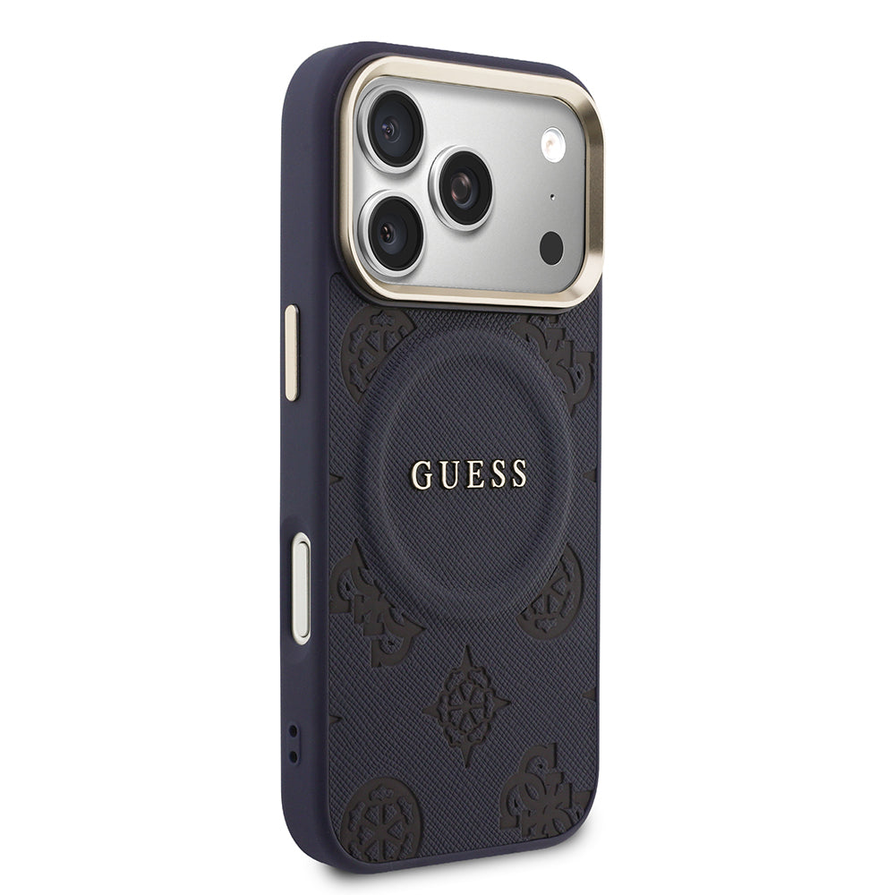 Apple iPhone 17 Pro Kılıf Guess Orjinal Lisanslı M-safe Şarj Özellikli Sıcak Baskılı Yazı Logolu PU Deri Peony Kapak Lacivert