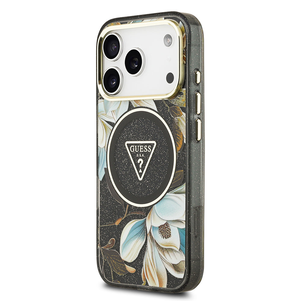 Apple iPhone 17 Pro Kılıf Guess Orjinal Lisanslı M-safe Şarj Özellikli Simli Çiçek Desenli Metal Kamera Çerçeveli Üçgen Logolu Kapak Siyah