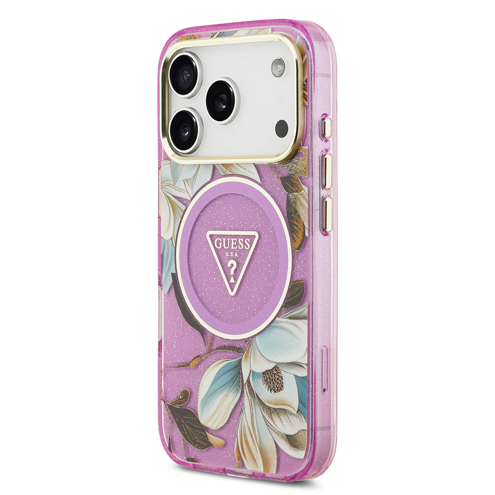 Apple iPhone 17 Pro Kılıf Guess Orjinal Lisanslı M-safe Şarj Özellikli Simli Çiçek Desenli Metal Kamera Çerçeveli Üçgen Logolu Kapak Mor