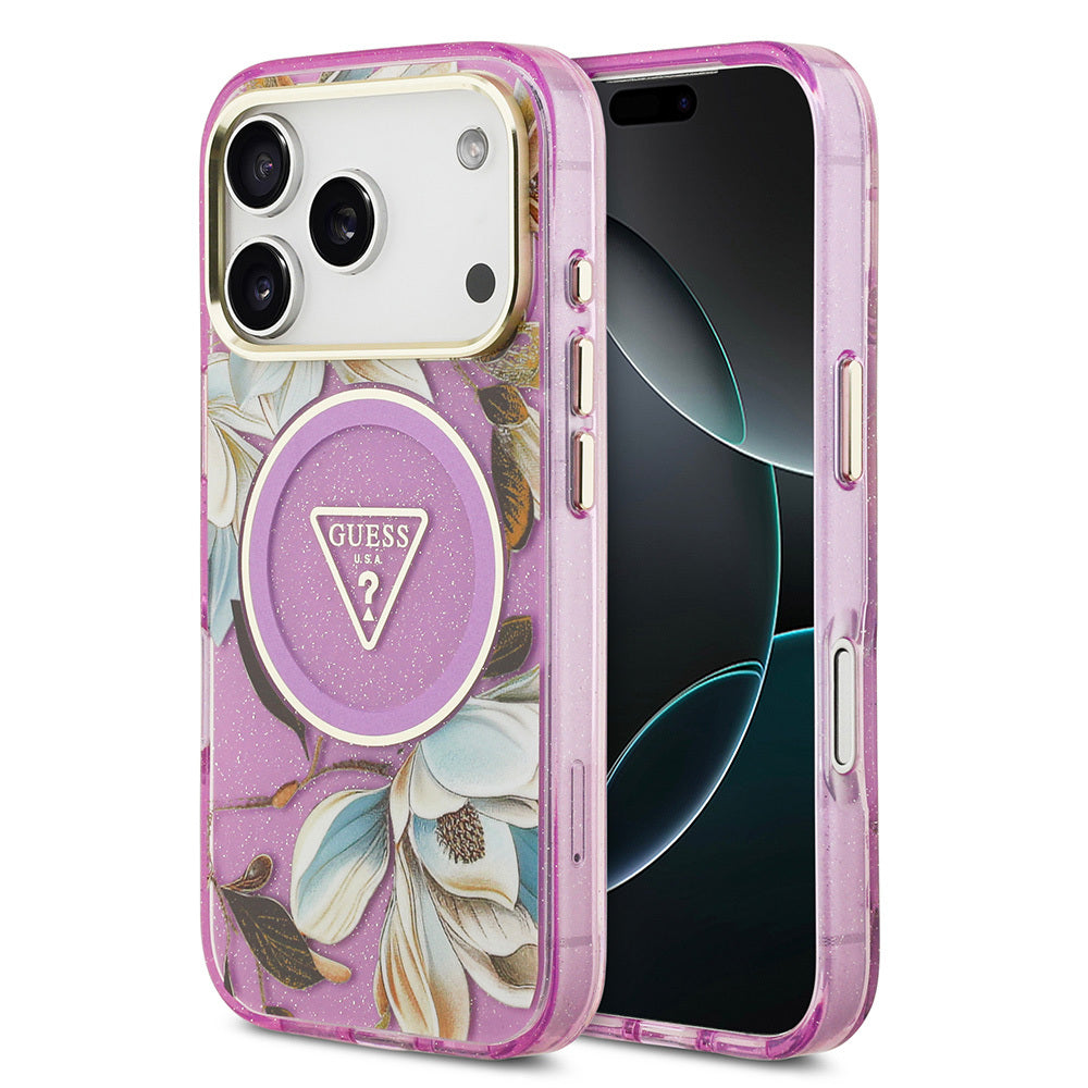 Apple iPhone 17 Pro Kılıf Guess Orjinal Lisanslı M-safe Şarj Özellikli Simli Çiçek Desenli Metal Kamera Çerçeveli Üçgen Logolu Kapak Mor