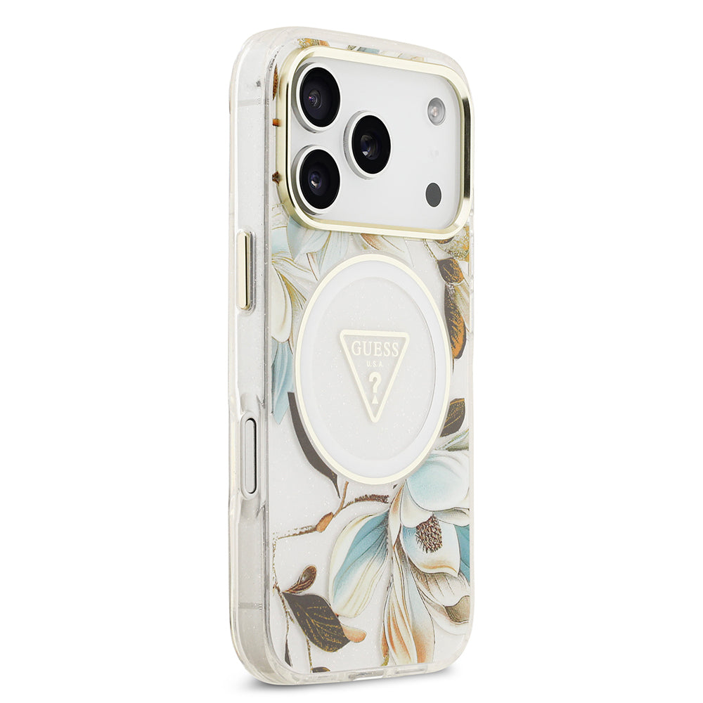 Apple iPhone 17 Pro Kılıf Guess Orjinal Lisanslı M-safe Şarj Özellikli Simli Çiçek Desenli Metal Kamera Çerçeveli Üçgen Logolu Kapak Beyaz