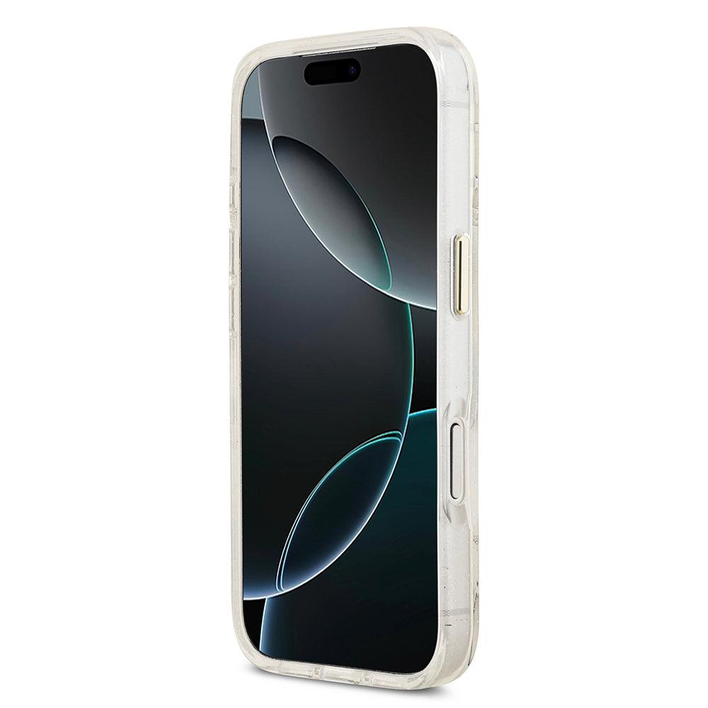 Apple iPhone 17 Pro Kılıf Guess Orjinal Lisanslı M-safe Şarj Özellikli Simli Çiçek Desenli Metal Kamera Çerçeveli Üçgen Logolu Kapak Beyaz