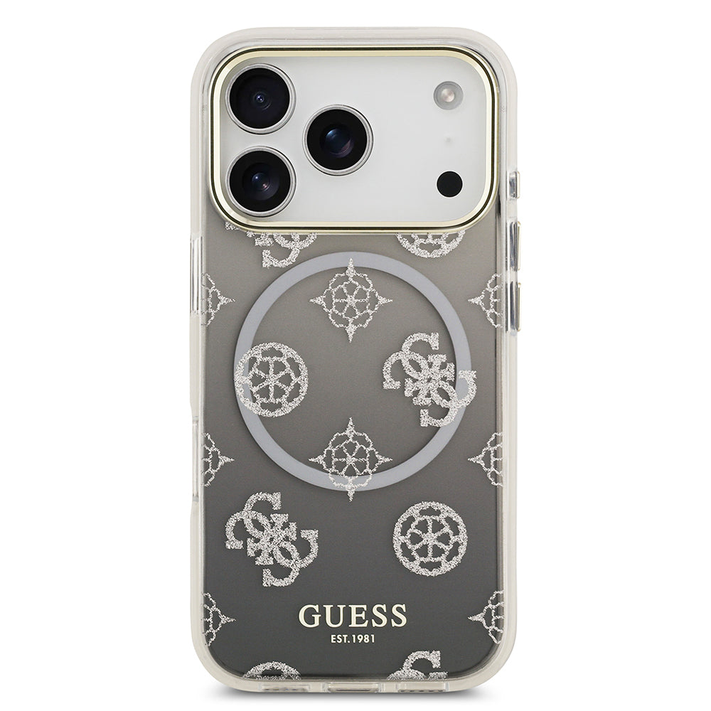 Apple iPhone 17 Pro Kılıf Guess Orjinal Lisanslı M-safe Şarj Özellikli Simli Peony Desenli Silikon Kapak Siyah