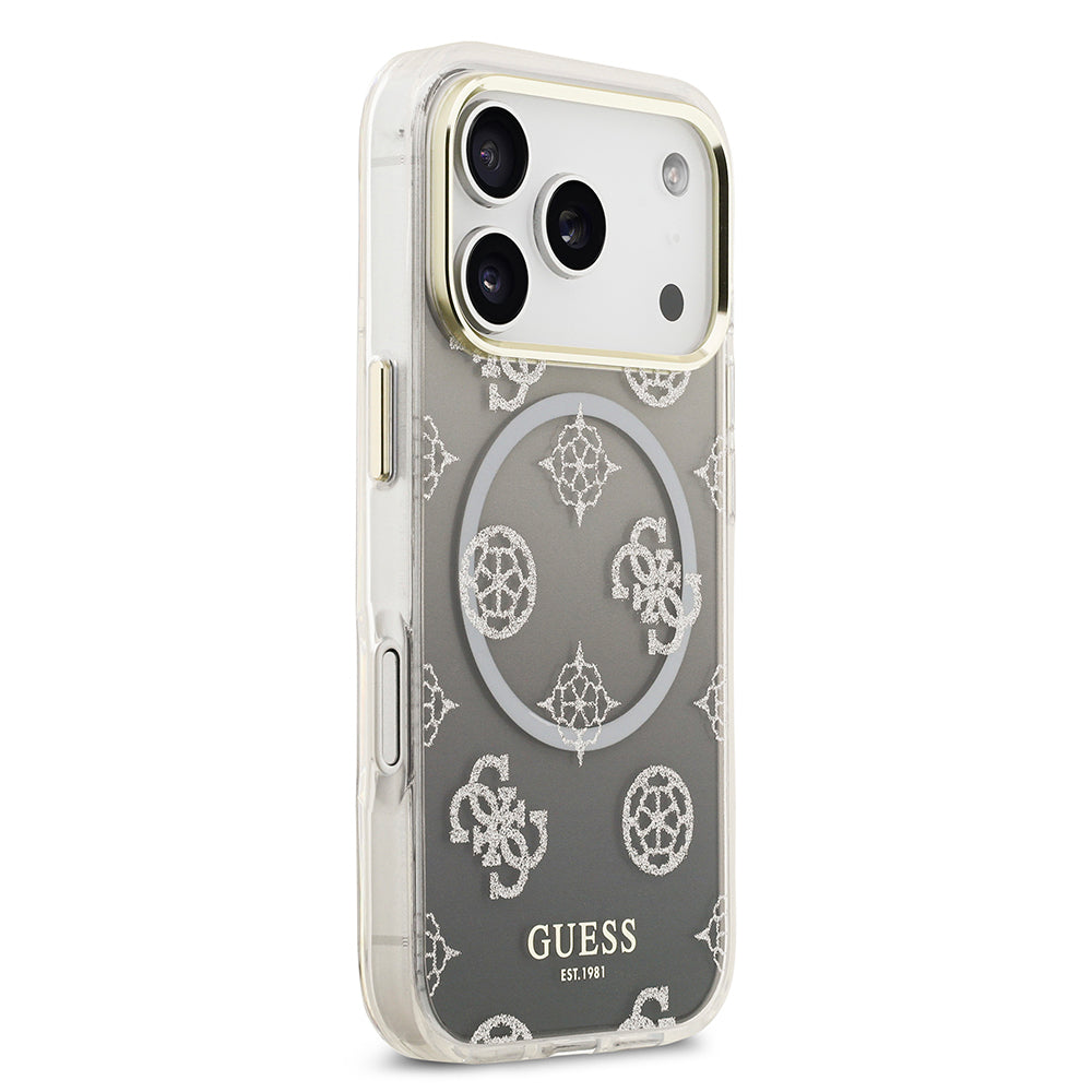 Apple iPhone 17 Pro Kılıf Guess Orjinal Lisanslı M-safe Şarj Özellikli Simli Peony Desenli Silikon Kapak Siyah
