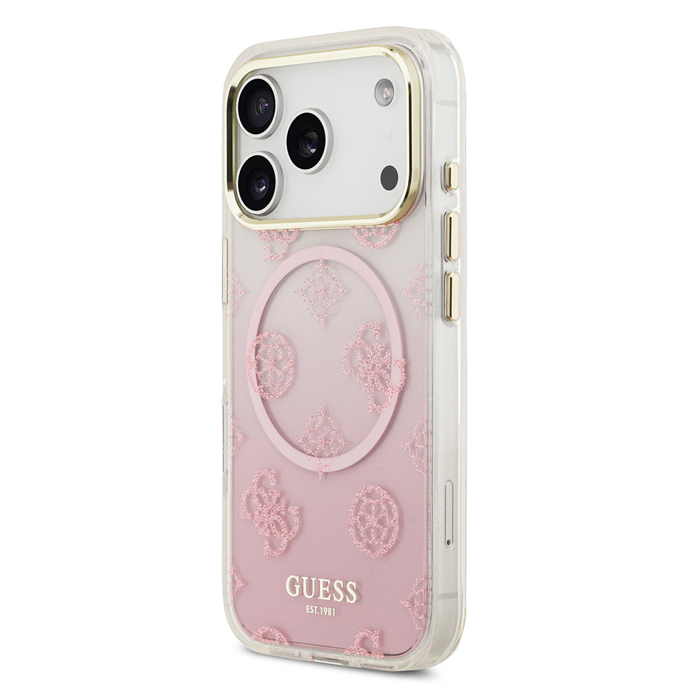 Apple iPhone 17 Pro Kılıf Guess Orjinal Lisanslı M-safe Şarj Özellikli Simli Peony Desenli Silikon Kapak Pembe