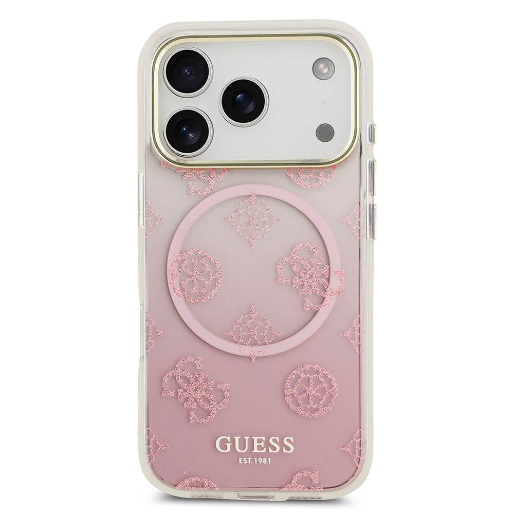 Apple iPhone 17 Pro Kılıf Guess Orjinal Lisanslı M-safe Şarj Özellikli Simli Peony Desenli Silikon Kapak Pembe