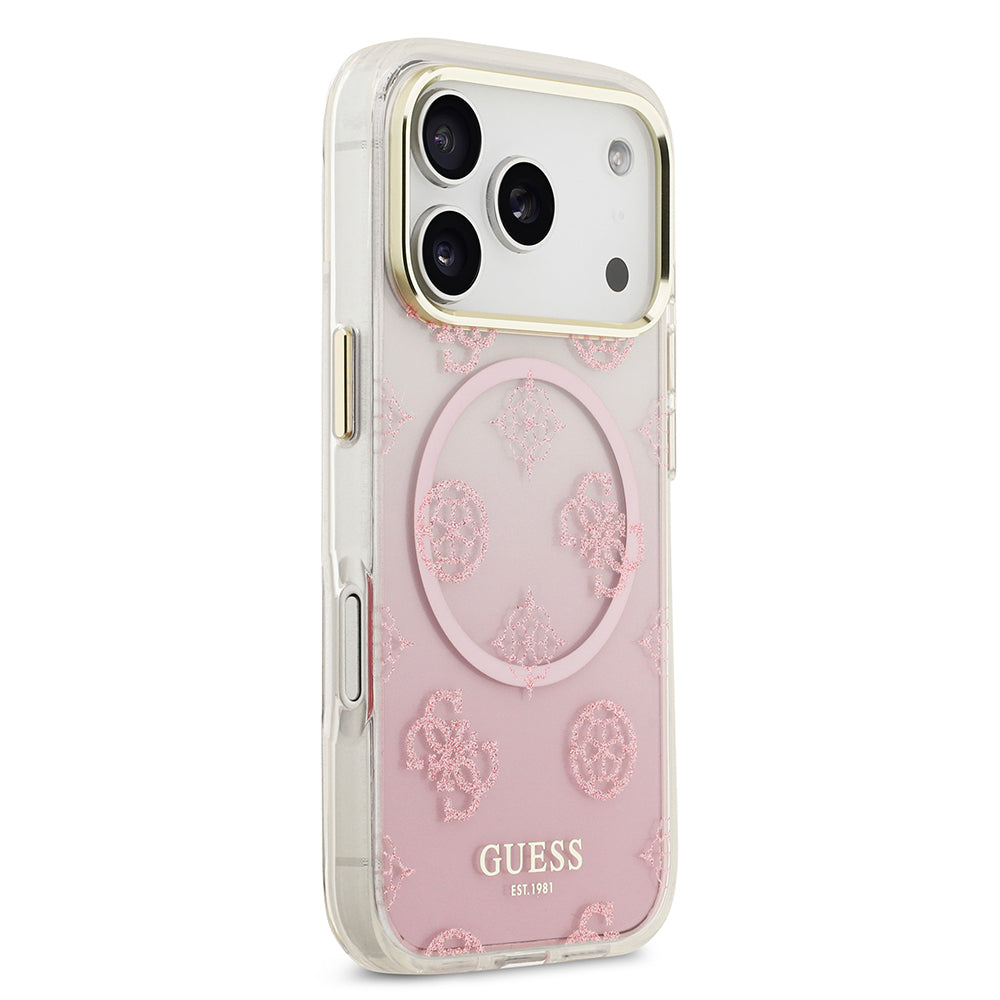 Apple iPhone 17 Pro Kılıf Guess Orjinal Lisanslı M-safe Şarj Özellikli Simli Peony Desenli Silikon Kapak Pembe