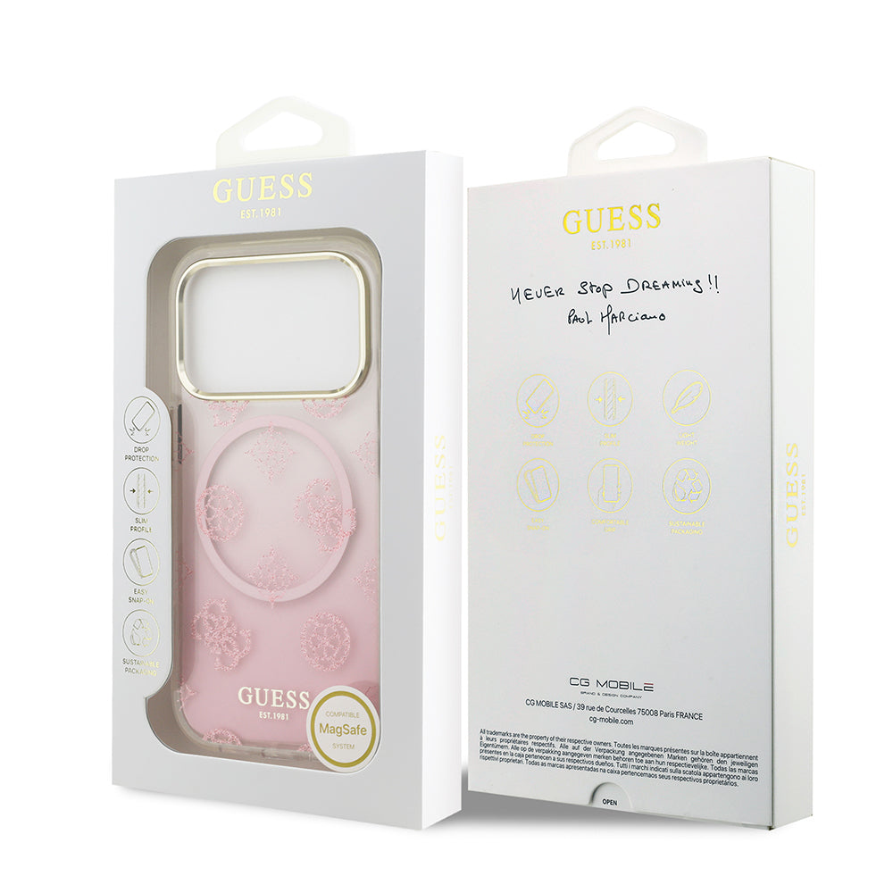 Apple iPhone 17 Pro Kılıf Guess Orjinal Lisanslı M-safe Şarj Özellikli Simli Peony Desenli Silikon Kapak Pembe