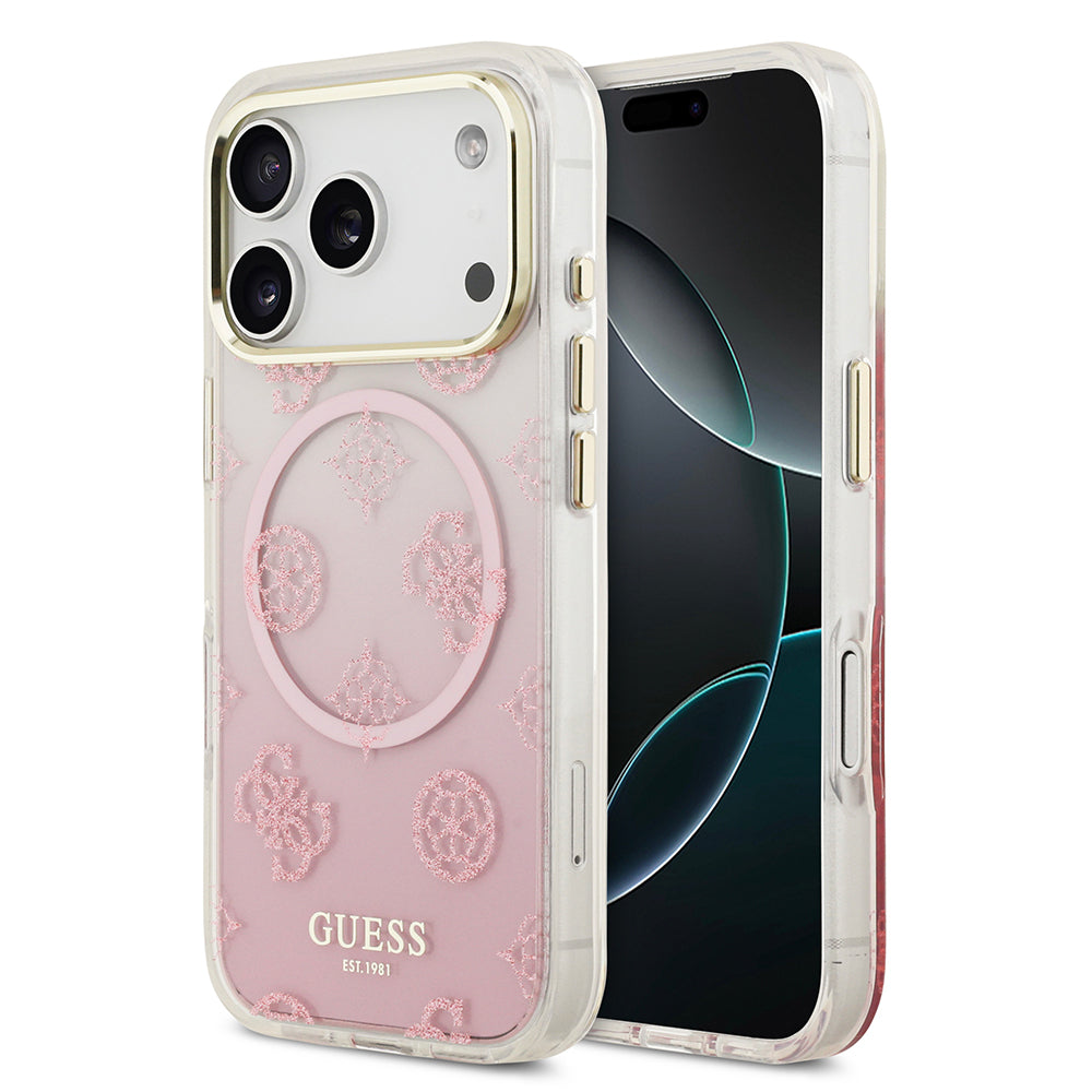 Apple iPhone 17 Pro Kılıf Guess Orjinal Lisanslı M-safe Şarj Özellikli Simli Peony Desenli Silikon Kapak Pembe