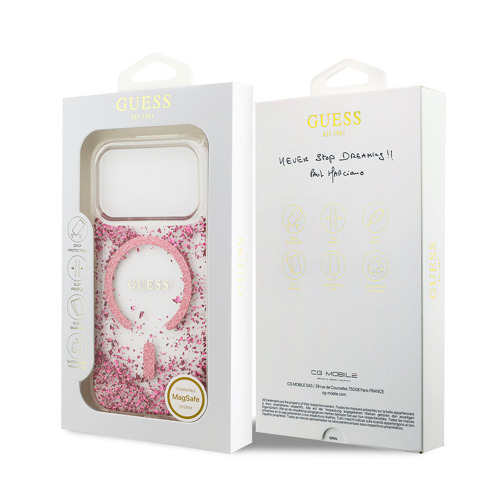 Apple iPhone 17 Pro Kılıf Guess Orjinal Lisanslı M-safe Şarj Özellikli Transparan Resin Bottom Kapak Pembe