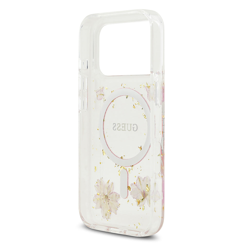 Apple iPhone 17 Pro Kılıf Guess Orjinal Lisanslı M-safe Şarj Özellikli Transparan Resin Flowers Kapak Pembe