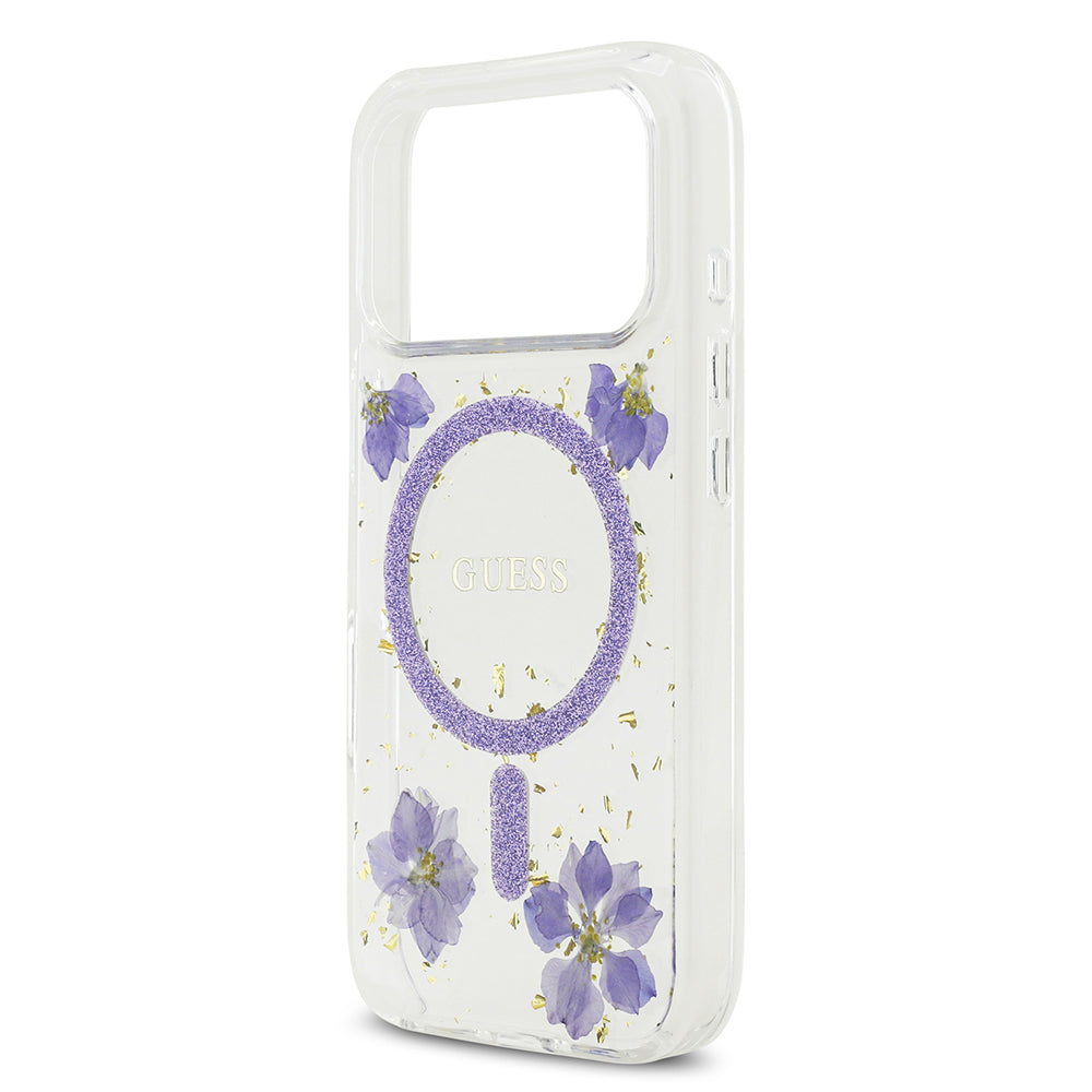 Apple iPhone 17 Pro Kılıf Guess Orjinal Lisanslı M-safe Şarj Özellikli Transparan Resin Flowers Kapak Mor