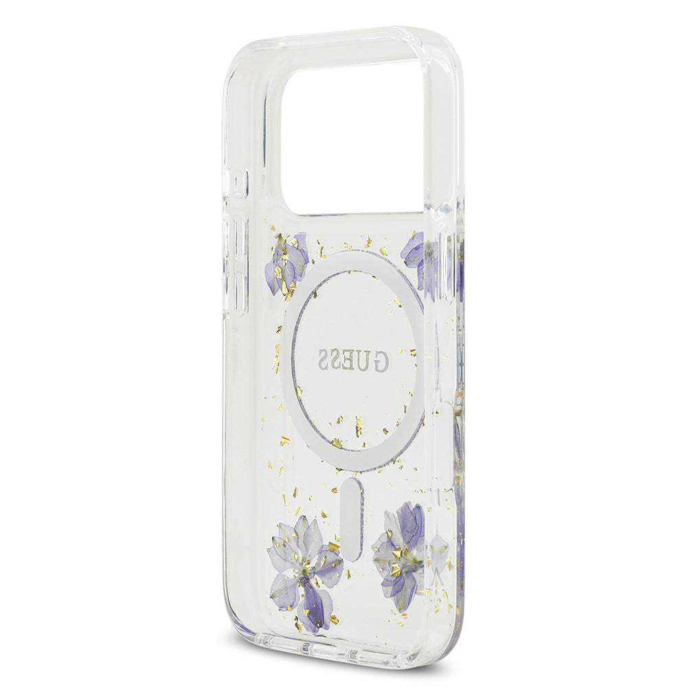 Apple iPhone 17 Pro Kılıf Guess Orjinal Lisanslı M-safe Şarj Özellikli Transparan Resin Flowers Kapak Mor