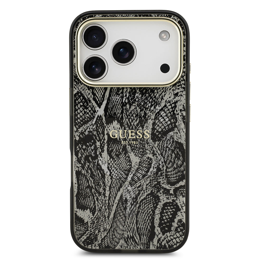 Apple iPhone 17 Pro Kılıf Guess Orjinal Lisanslı M-safe Şarj Özellikli Yazı Logolu Python Desenli Kapak Siyah