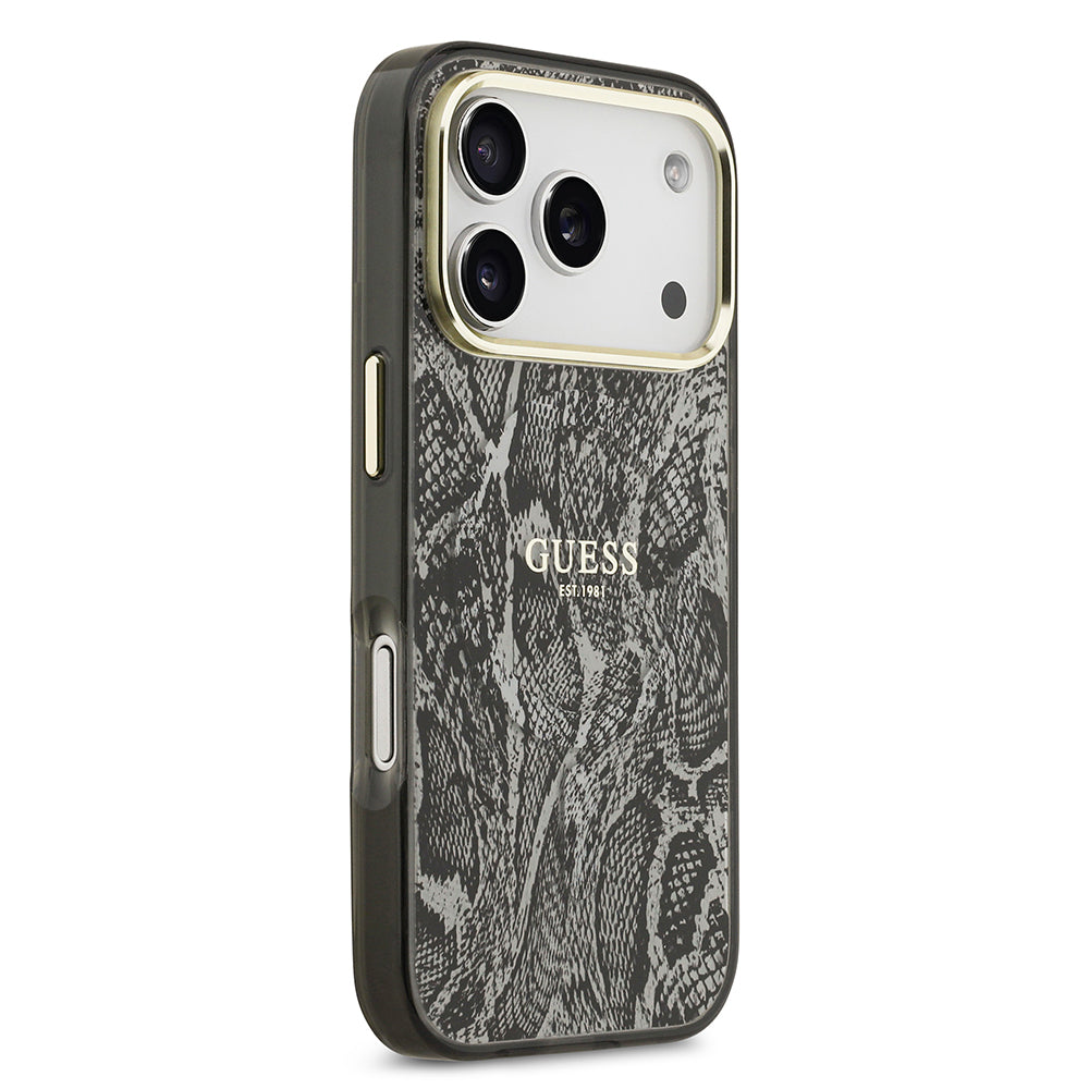 Apple iPhone 17 Pro Kılıf Guess Orjinal Lisanslı M-safe Şarj Özellikli Yazı Logolu Python Desenli Kapak Siyah