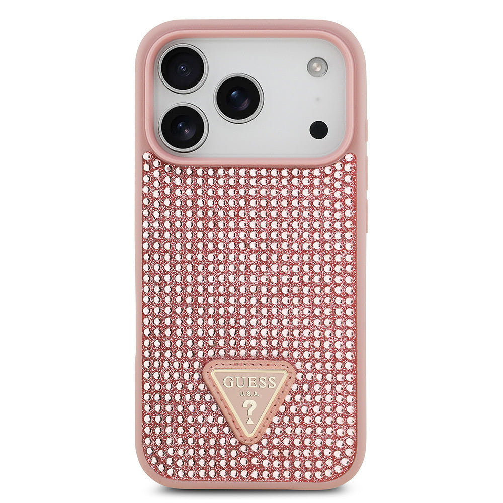 Apple iPhone 17 Pro Kılıf Guess Orjinal Lisanslı Taşlı Arka Yüzey Üçgen Logolu Kapak Pembe