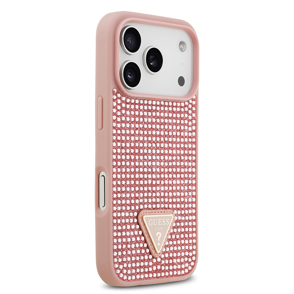 Apple iPhone 17 Pro Kılıf Guess Orjinal Lisanslı Taşlı Arka Yüzey Üçgen Logolu Kapak Pembe
