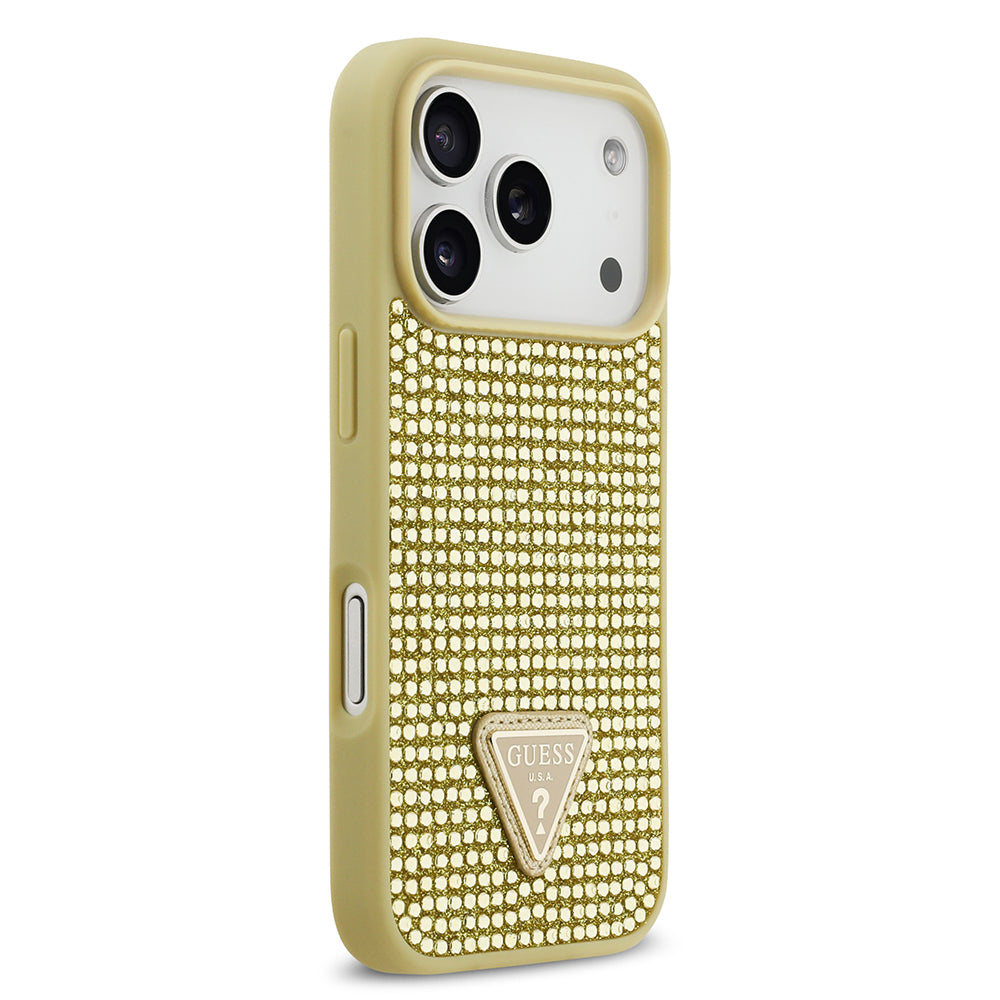 Apple iPhone 17 Pro Kılıf Guess Orjinal Lisanslı Taşlı Arka Yüzey Üçgen Logolu Kapak Gold