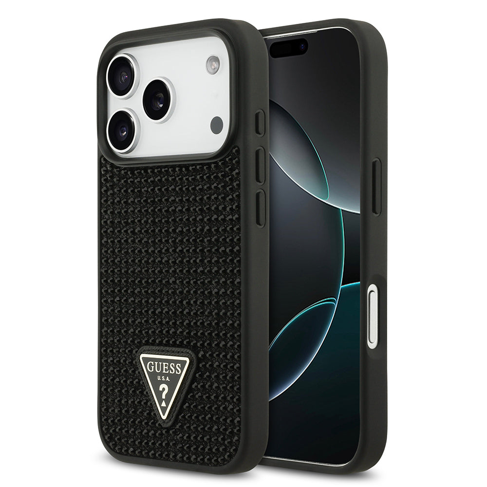 Apple iPhone 17 Pro Kılıf Guess Orjinal Lisanslı Taşlı Arka Yüzey Üçgen Logolu Kapak Siyah