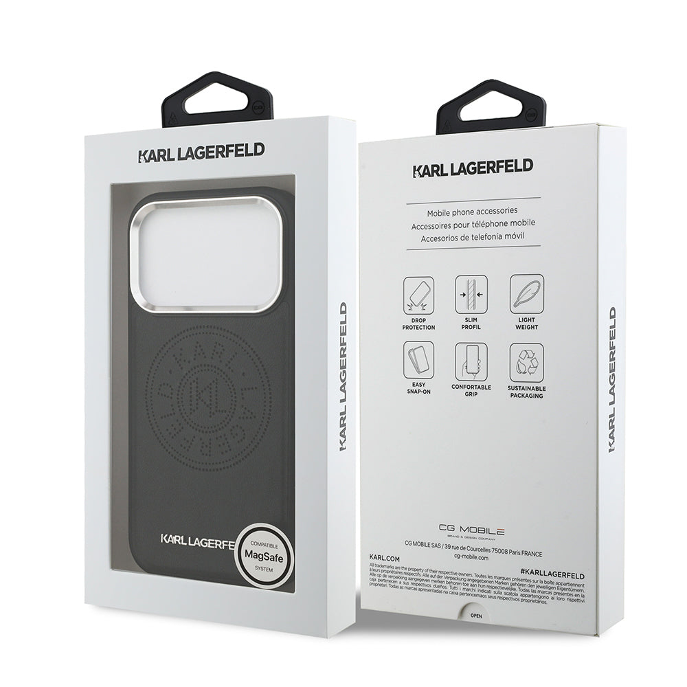 Apple iPhone 17 Pro Kılıf Karl Lagerfeld Orjinal Lisanslı M-safe Şarj Özellikli Delikli Tasarım Metal Logolu PU Deri Kapak Siyah