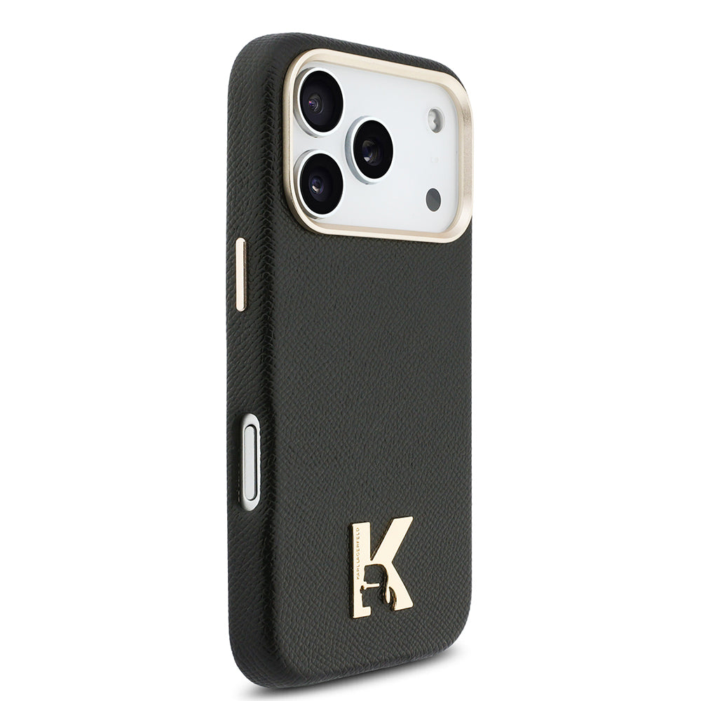 Apple iPhone 17 Pro Kılıf Karl Lagerfeld Orjinal Lisanslı M-safe Şarj Özellikli Gold Kamera Çerçeveli KHEAD Metal Logolu PU Deri Kapak Siyah