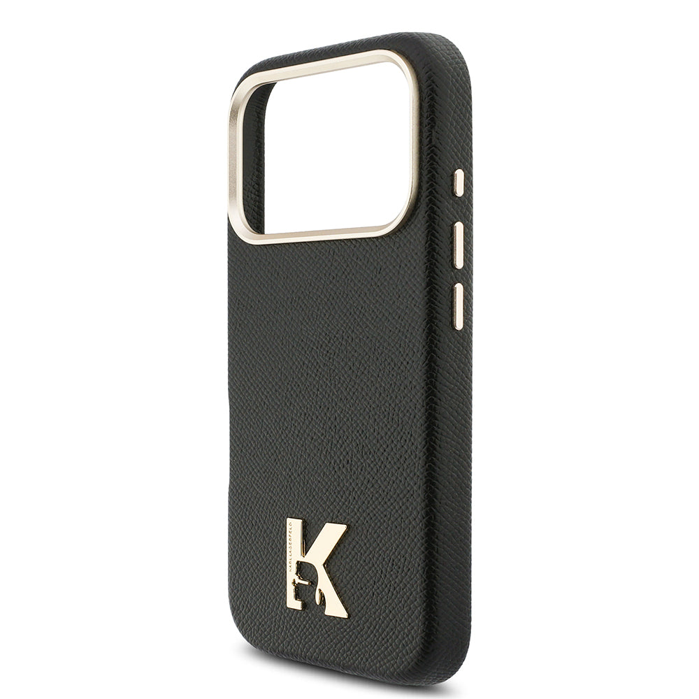 Apple iPhone 17 Pro Kılıf Karl Lagerfeld Orjinal Lisanslı M-safe Şarj Özellikli Gold Kamera Çerçeveli KHEAD Metal Logolu PU Deri Kapak Siyah