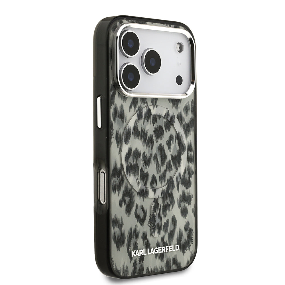 Apple iPhone 17 Pro Kılıf Karl Lagerfeld Orjinal Lisanslı M-safe Şarj Özellikli IML Leopar Baskılı Kapak Kahverengi