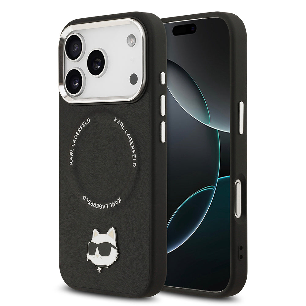 Apple iPhone 17 Pro Kılıf Karl Lagerfeld Orjinal Lisanslı M-safe Şarj Özellikli Metal Kamera ve Buton Tasarımlı Choupette PU Deri Kapak Siyah