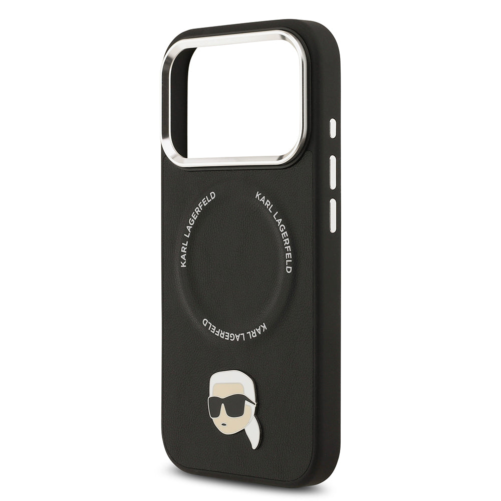 Apple iPhone 17 Pro Kılıf Karl Lagerfeld Orjinal Lisanslı M-safe Şarj Özellikli Metal Kamera ve Buton Tasarımlı Karl PU Deri Kapak Siyah
