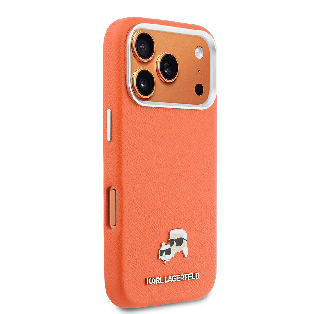 Apple iPhone 17 Pro Kılıf Karl Lagerfeld Orjinal Lisanslı M-safe Şarj Özellikli Metal Kamera ve Buton Tasarımlı K&C Head Logolu PU Deri Kapak Turuncu