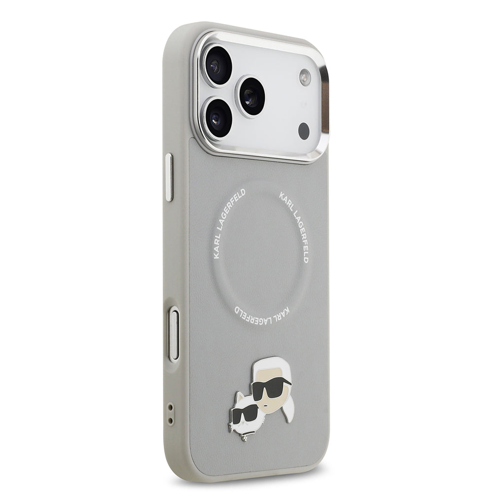 Apple iPhone 17 Pro Kılıf Karl Lagerfeld Orjinal Lisanslı M-safe Şarj Özellikli Metal Kamera ve Buton Tasarımlı K&C PU Deri Kapak Gri