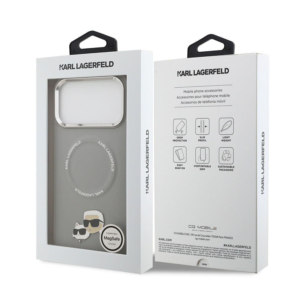 Apple iPhone 17 Pro Kılıf Karl Lagerfeld Orjinal Lisanslı M-safe Şarj Özellikli Metal Kamera ve Buton Tasarımlı K&C PU Deri Kapak Gri