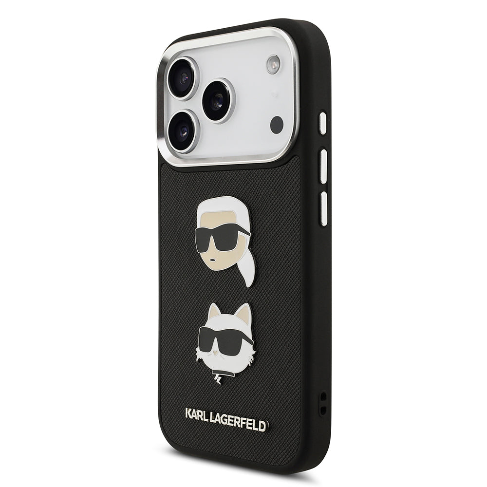 Apple iPhone 17 Pro Kılıf Karl Lagerfeld Orjinal Lisanslı Metal Logolu K&C Heads Pin Kapak Siyah