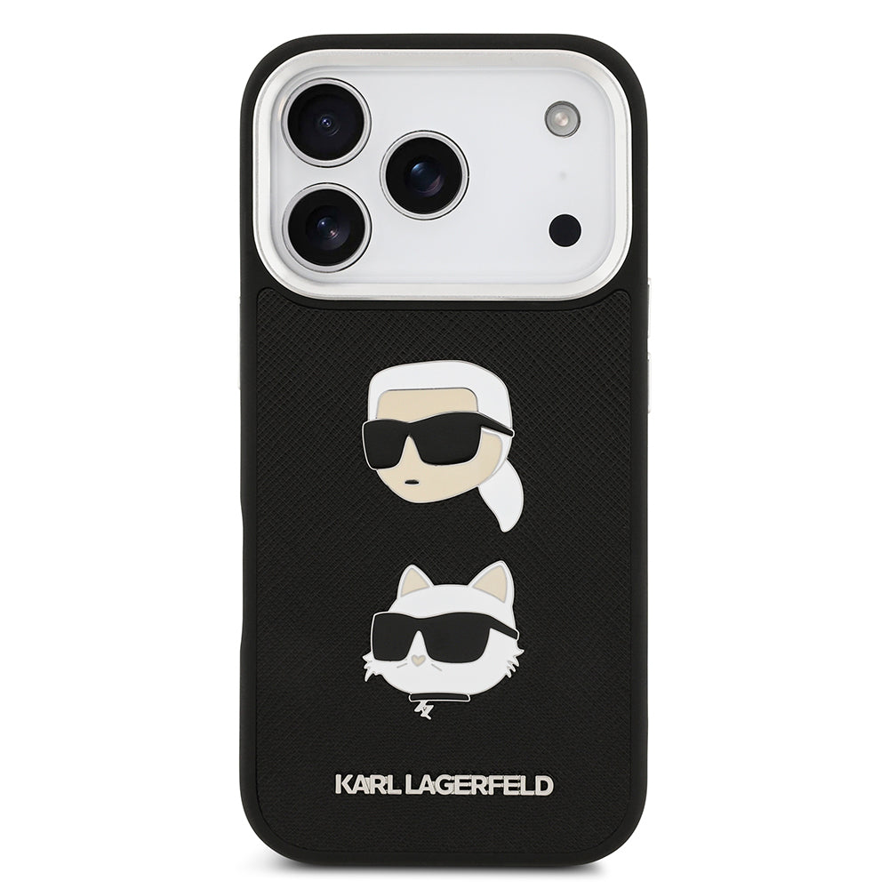 Apple iPhone 17 Pro Kılıf Karl Lagerfeld Orjinal Lisanslı Metal Logolu K&C Heads Pin Kapak Siyah