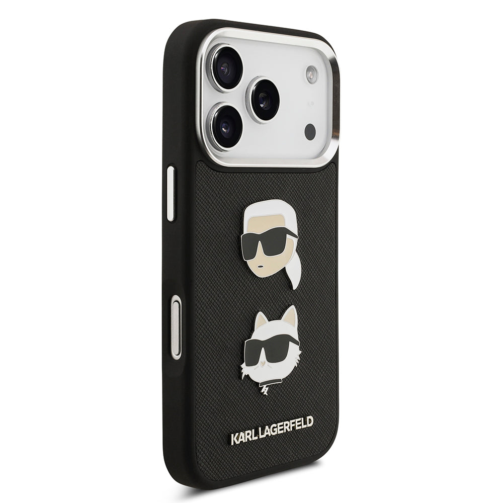 Apple iPhone 17 Pro Kılıf Karl Lagerfeld Orjinal Lisanslı Metal Logolu K&C Heads Pin Kapak Siyah