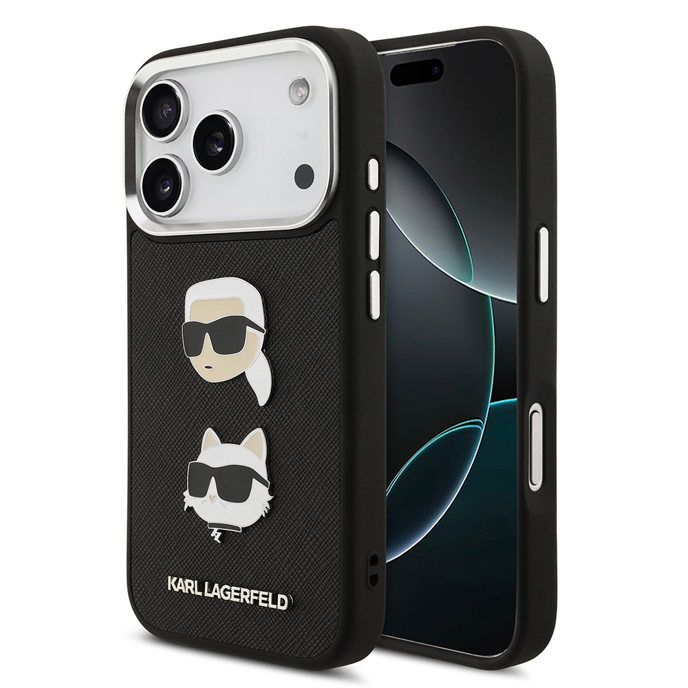 Apple iPhone 17 Pro Kılıf Karl Lagerfeld Orjinal Lisanslı Metal Logolu K&C Heads Pin Kapak Siyah