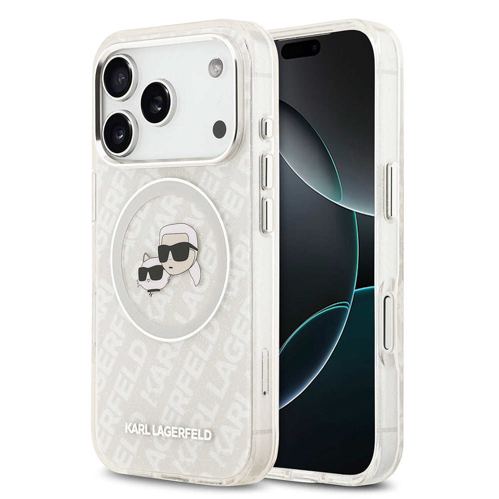 Apple iPhone 17 Pro Kılıf Karl Lagerfeld Orjinal Lisanslı Parlayan Simli Karl & Choupette Heads Kapak Gri